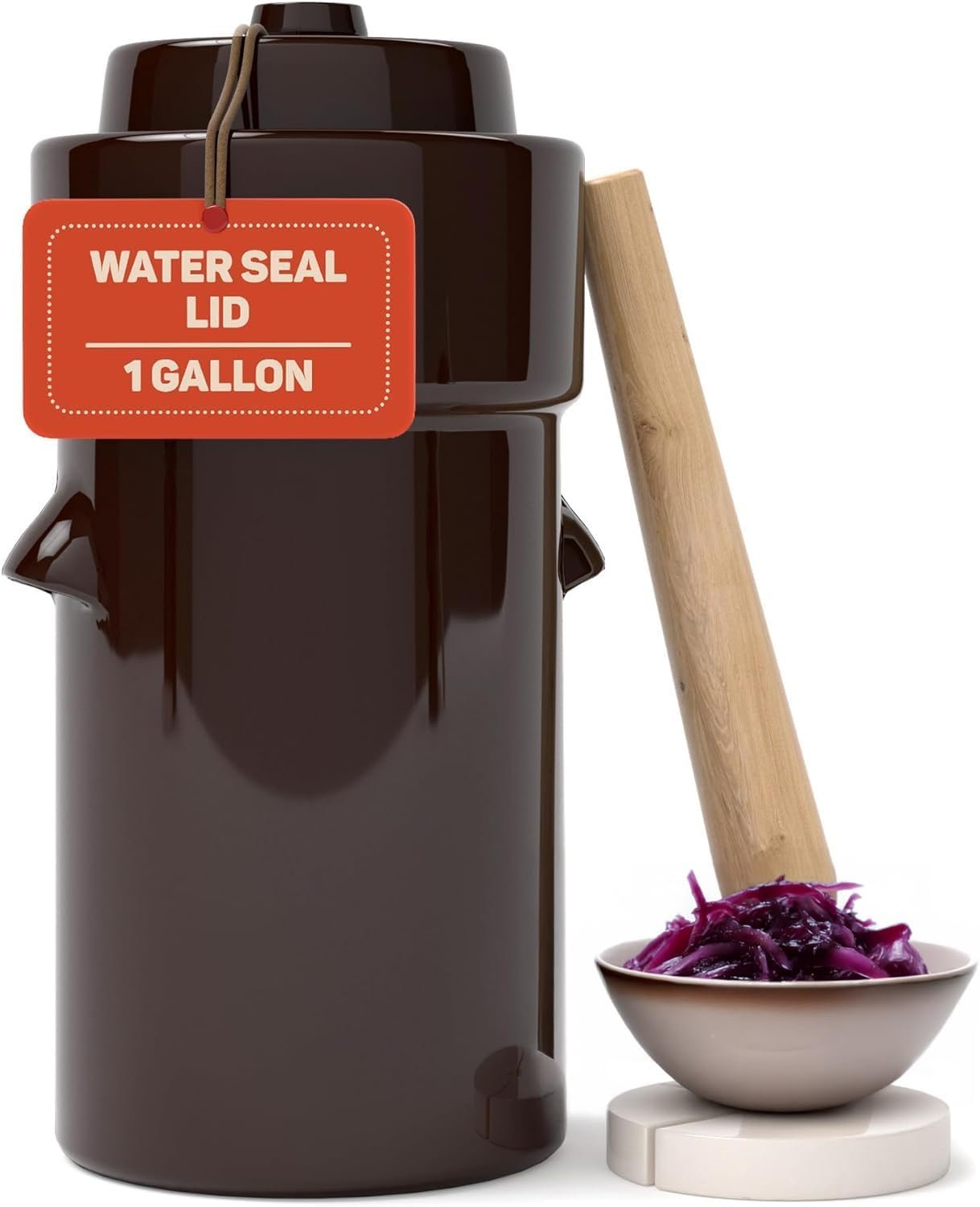 Kenley one gallon stoneware fermentation crock with water-seal lid, ceramic weights and wooden pounder