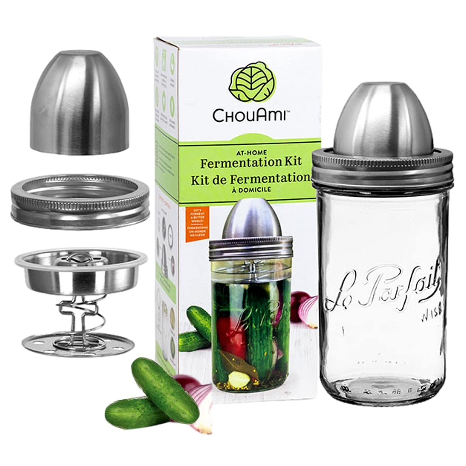 Le Parfait stainless steel fermenting lid kit with one liter French glass jar