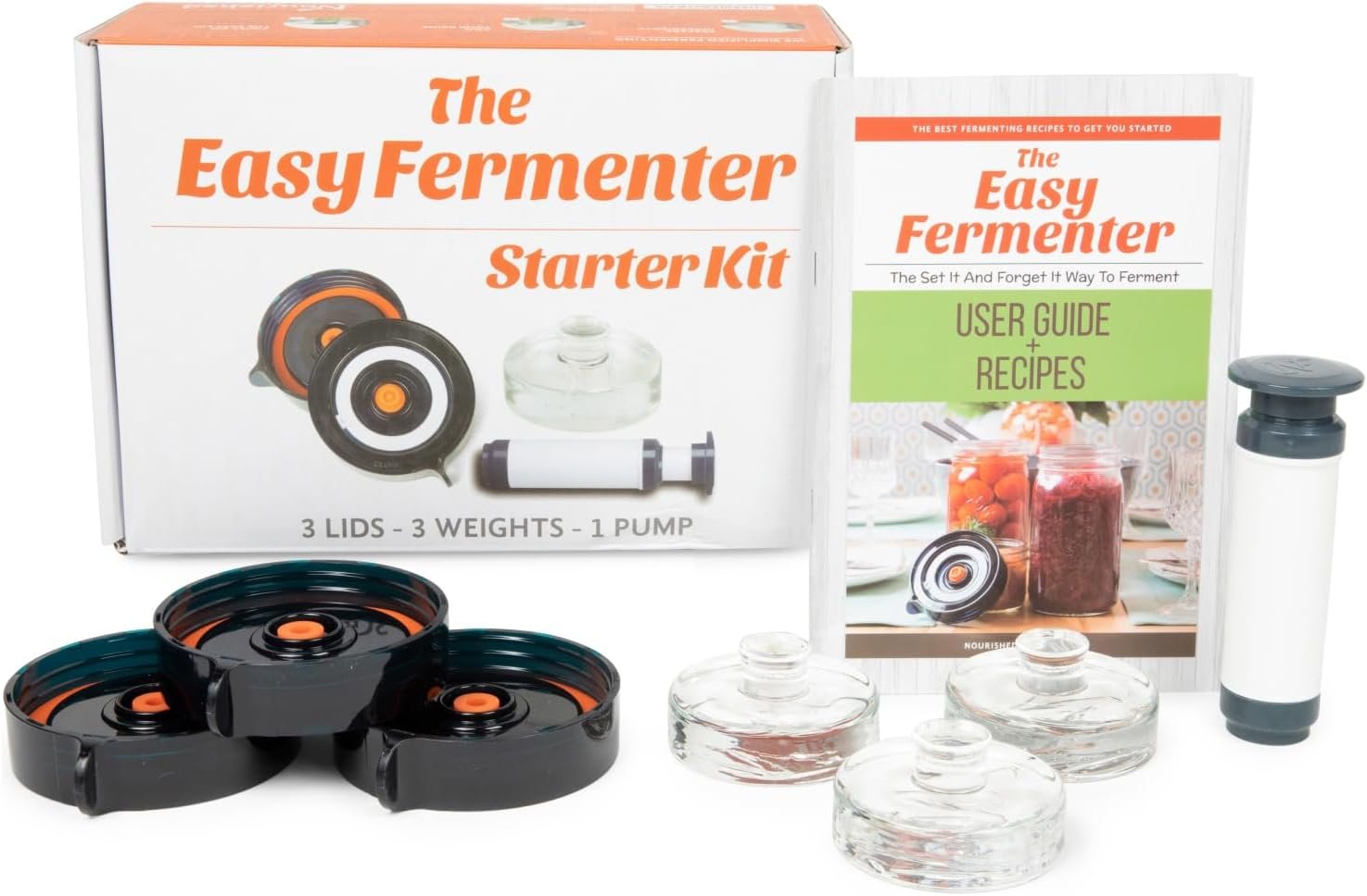 Nourished Essentials Easy Fermenter kit with three date-dial lids, three glass weights and oxygen pump