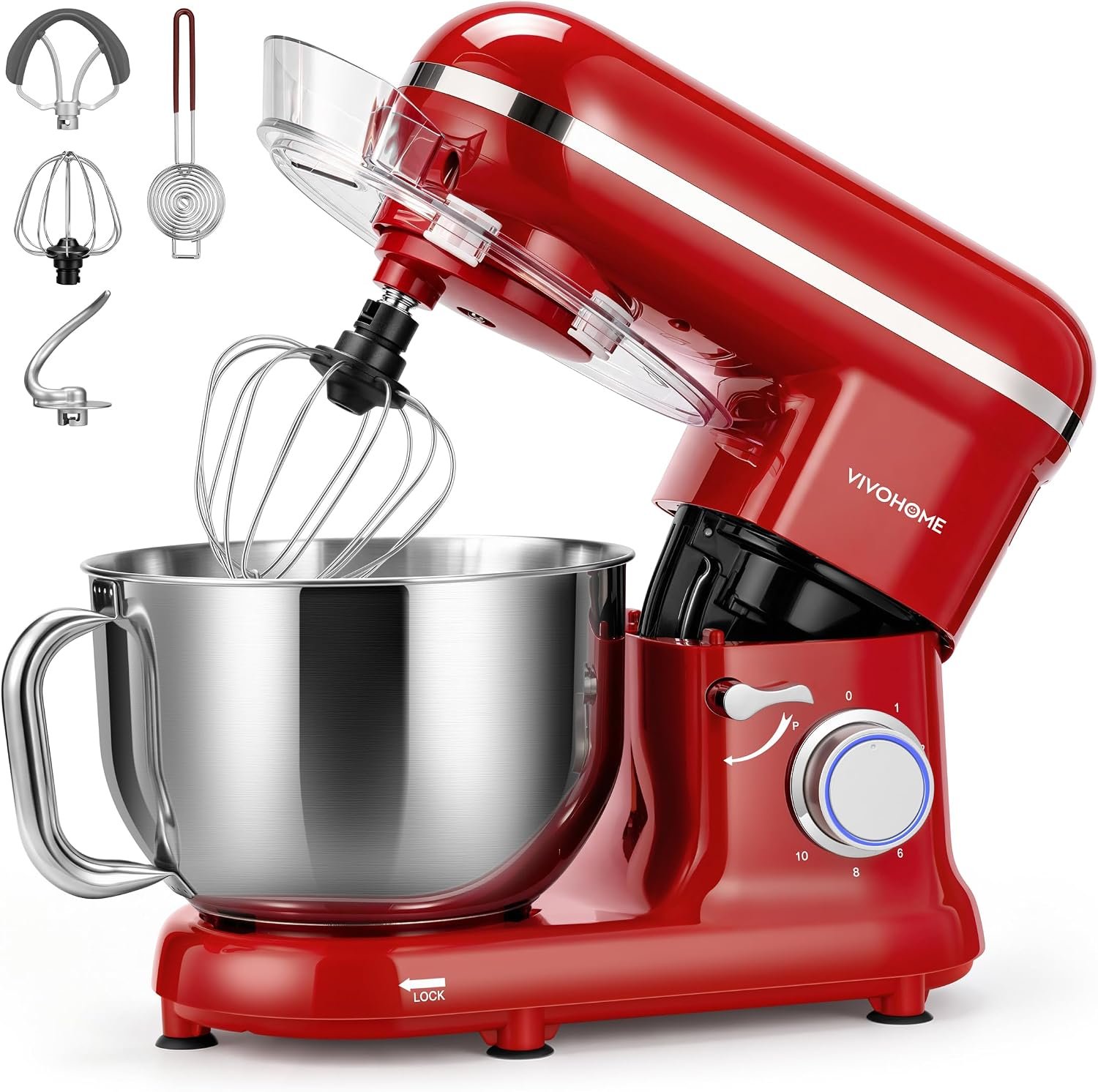 VIVOHOME 6 quart bright red tilt-head stand mixer with flex-edge beater