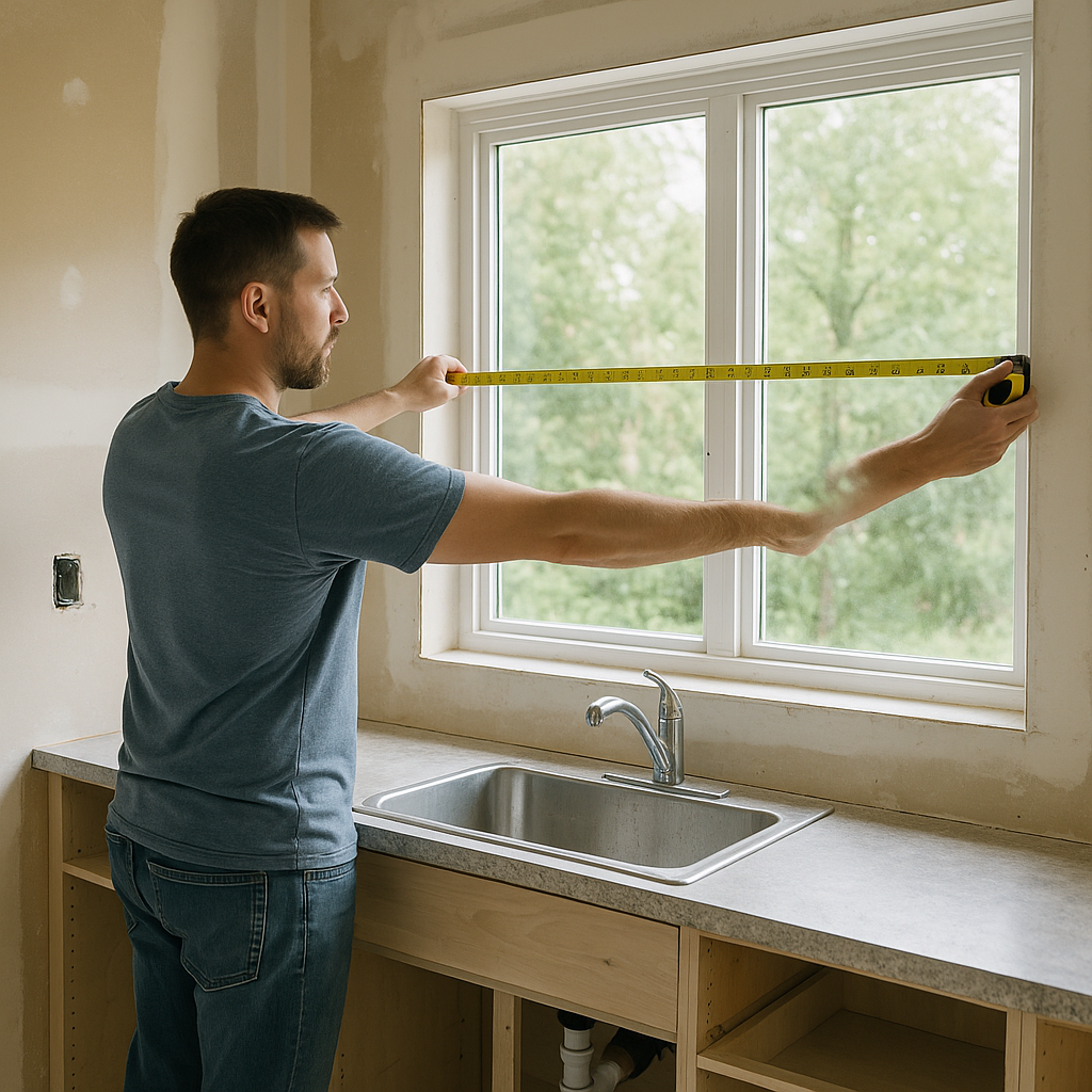 man measuring window size