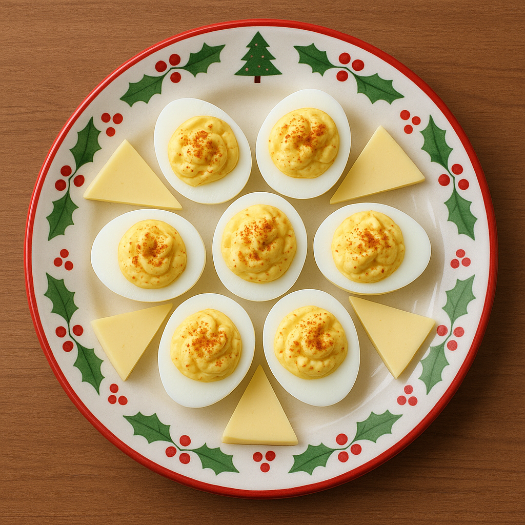 Simple deviled eggs and cheese platter on holiday-themed dishware.