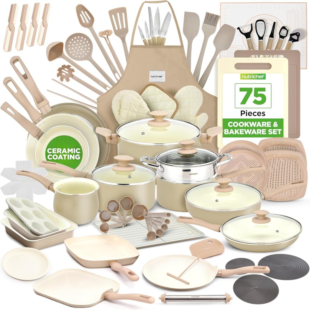 NutriChef 75-Piece Non-Stick Ceramic Cookware Set 