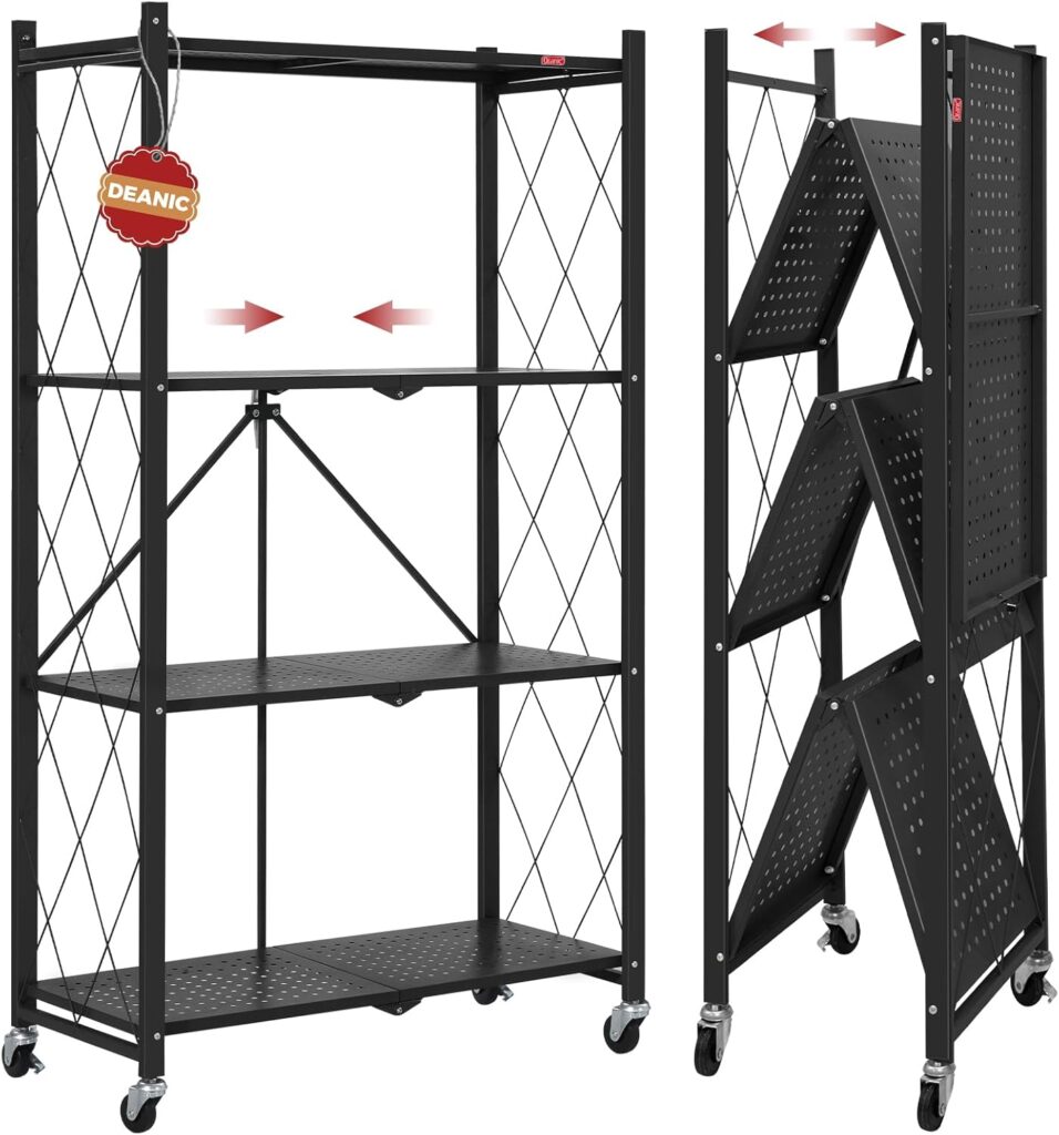 DEANIC 4-Tier Foldable Metal Shelf with Wheels - best pantry shelves