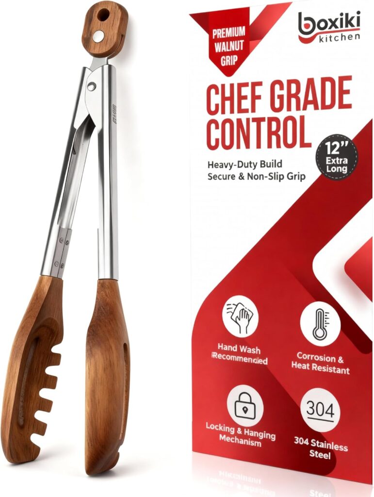 3-in-1 Kitchen Tongs & Pasta Server – 12" Walnut