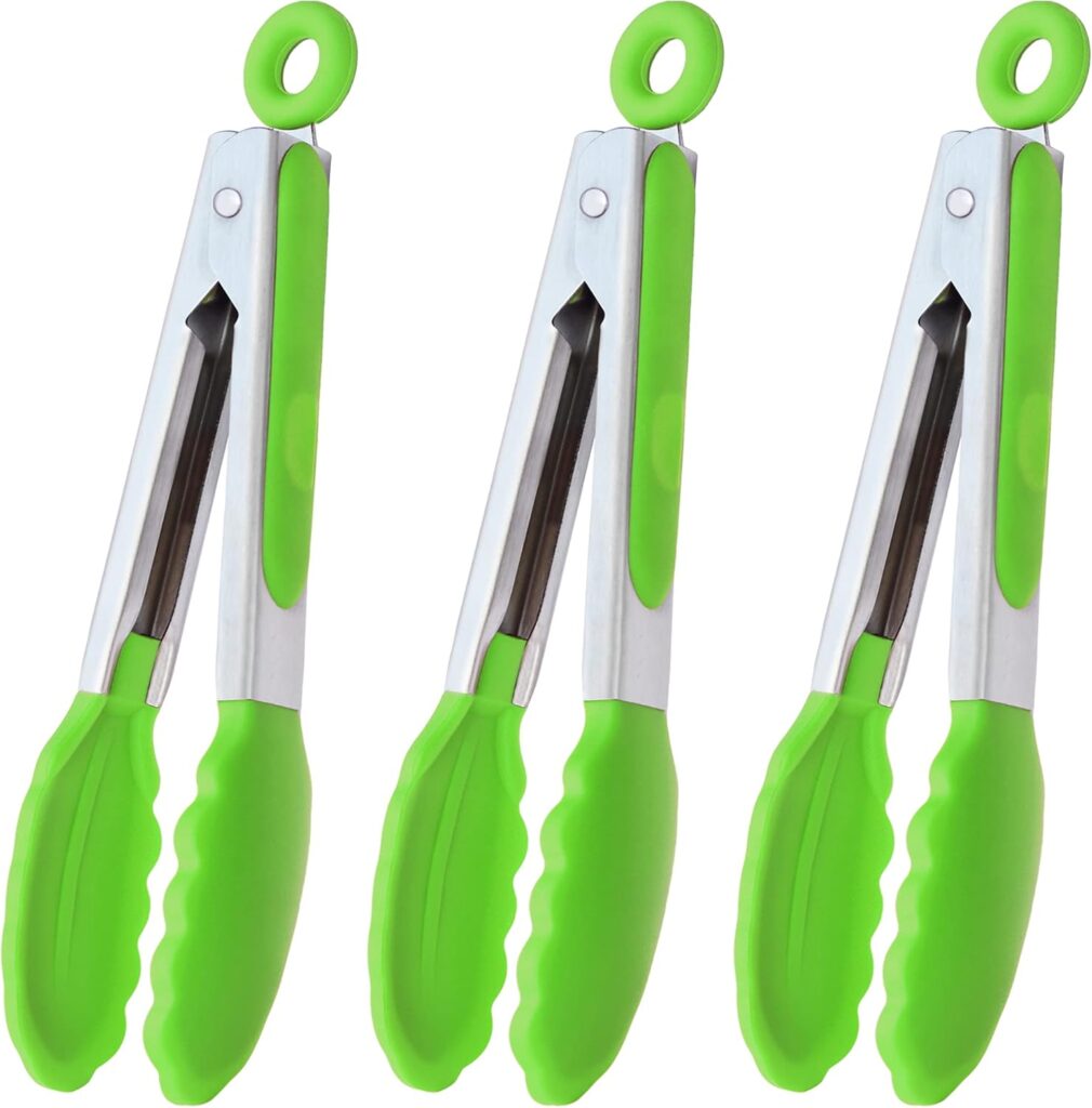 Mini Tongs with Silicone Tips 7 Inches (Set of 3, Green)