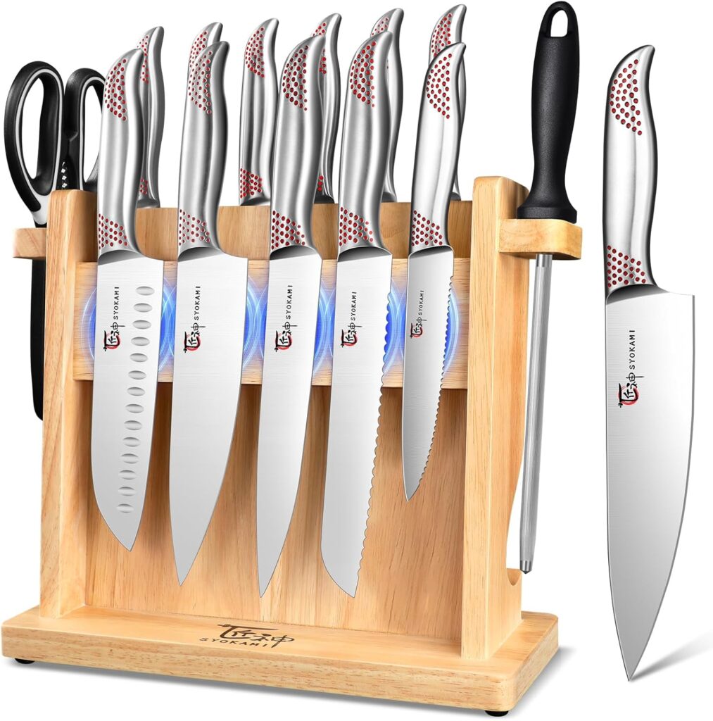SYOKAMI 14-Piece Japanese Knife Set w/ Magnetic Block (Red)