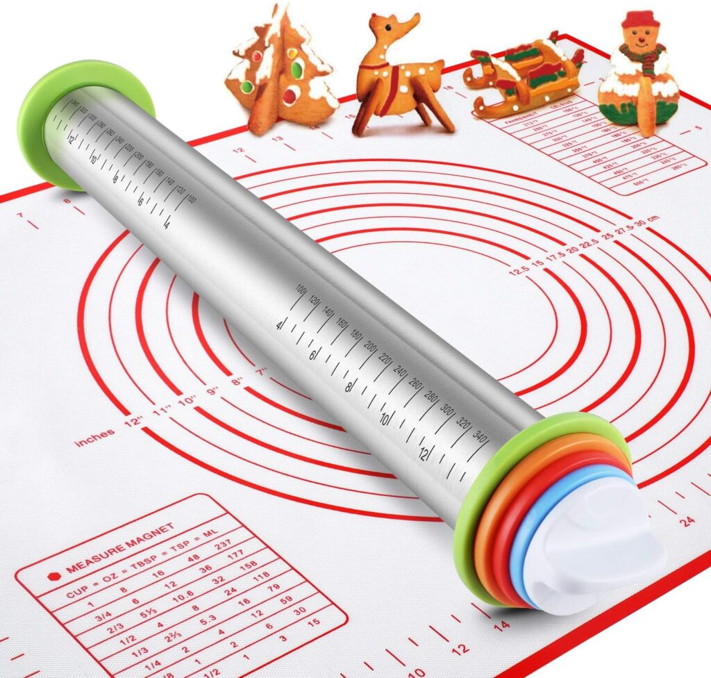 Stainless Steel Rolling Pin and Silicone Mat Set,