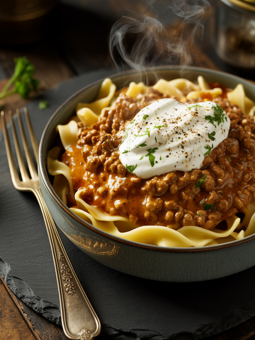 Ground beef stroganoff with cream of mushroom soup