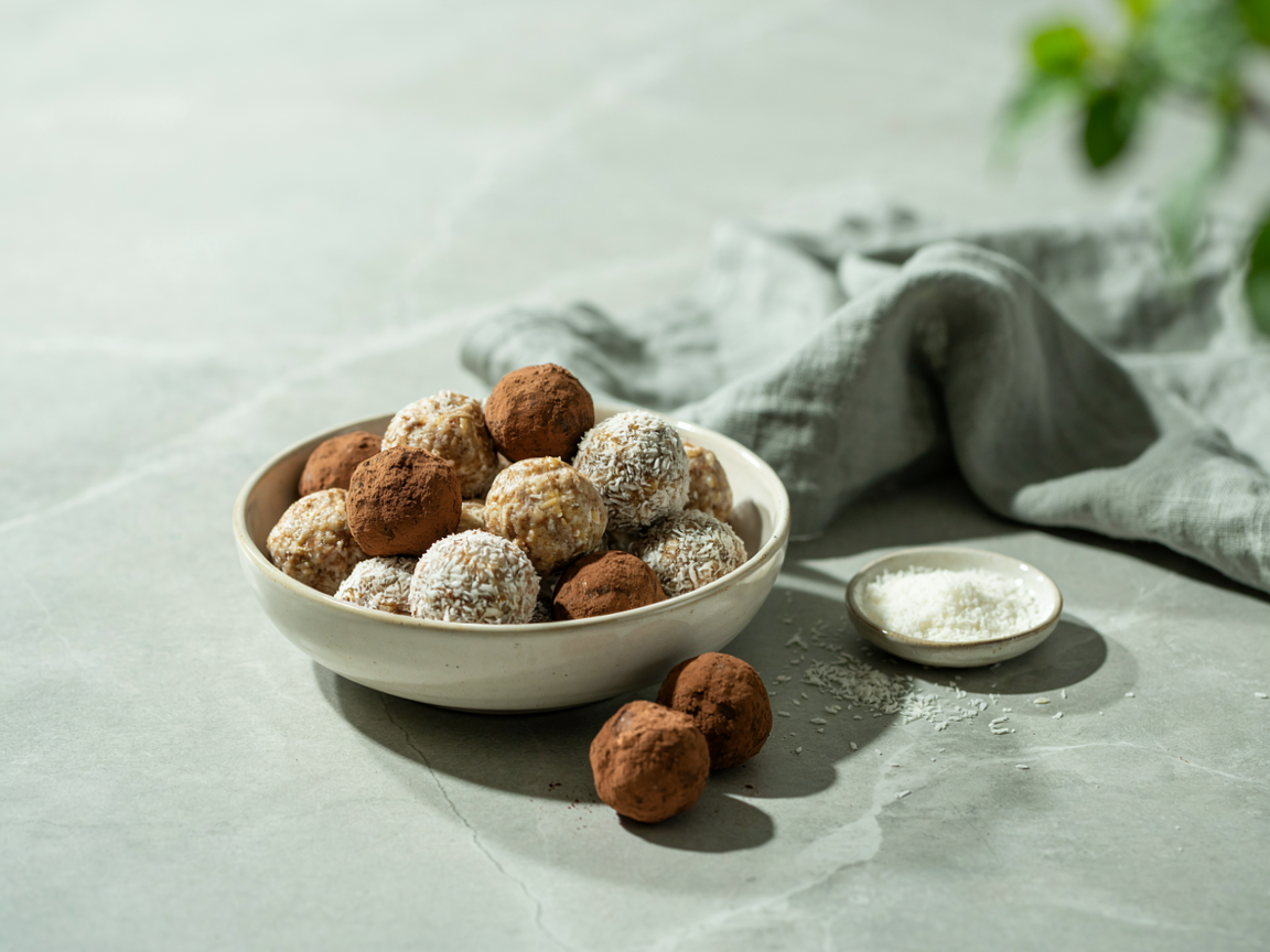A bowl of round no-bake cottage cheese protein balls coated in cocoa and coconut on a light counter