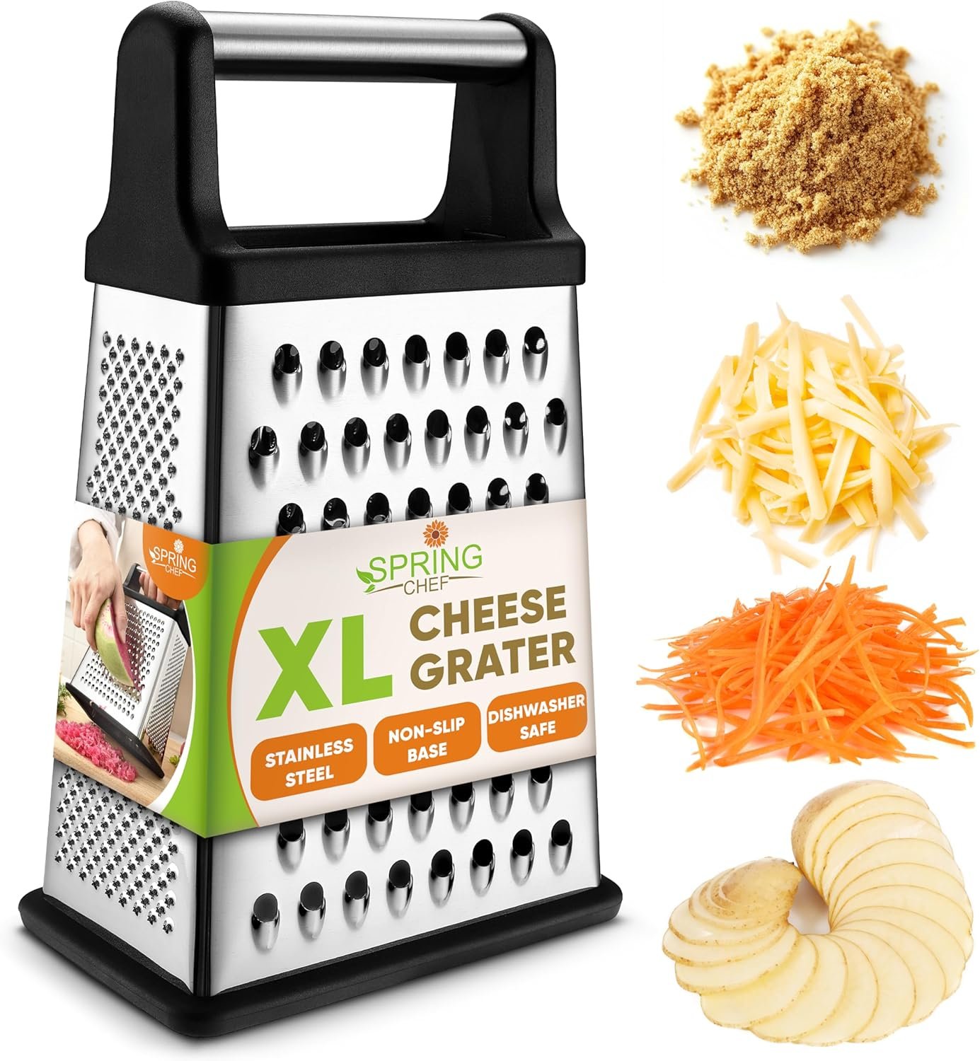Spring Chef stainless steel XL box grater with four grating surfaces and a non-slip base