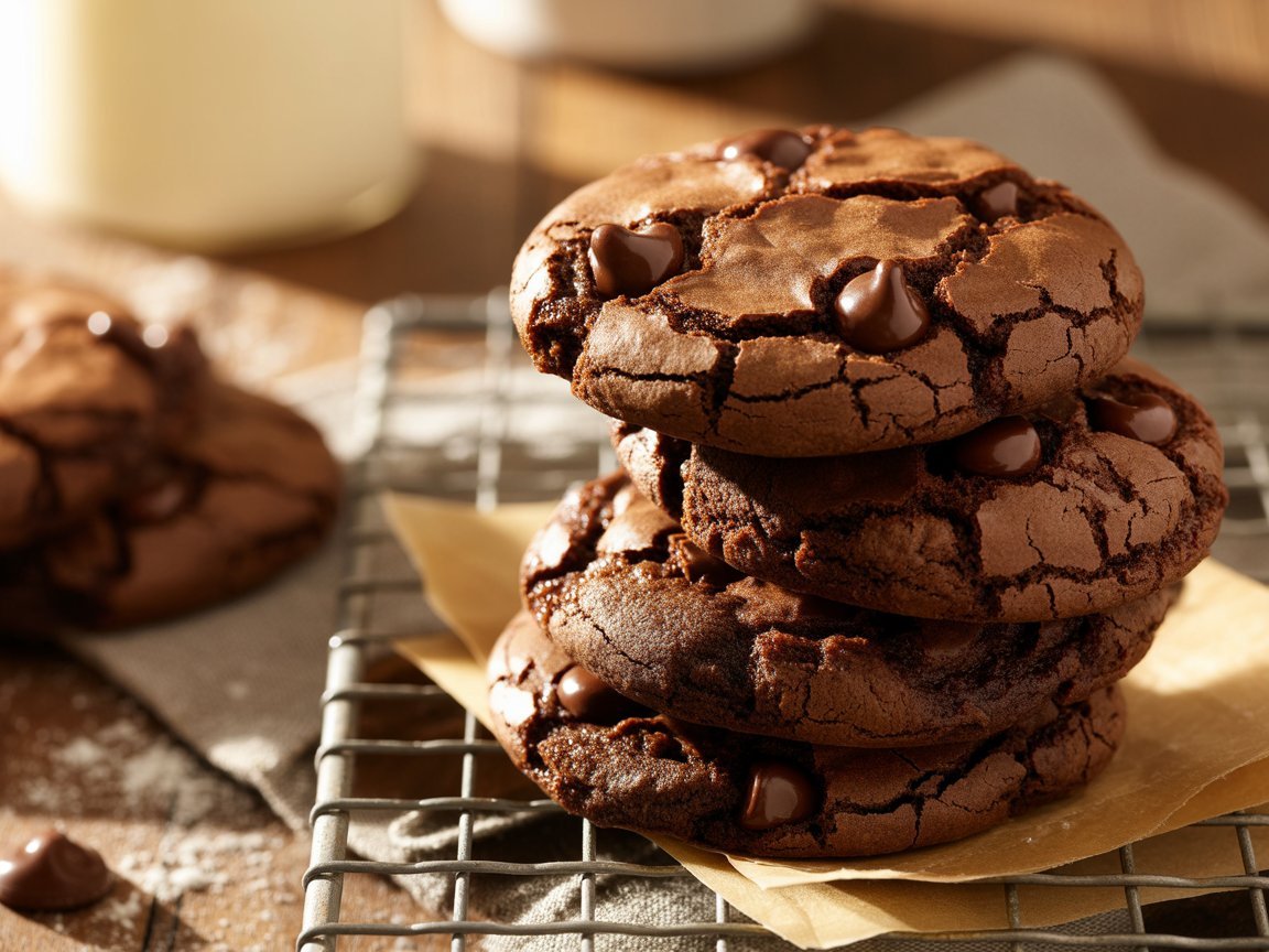 Stack of brownie mix cookies studded with chocolate chips