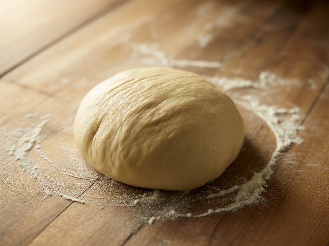 Smooth ball of freshly kneaded Neapolitan pizza dough on a floured counter