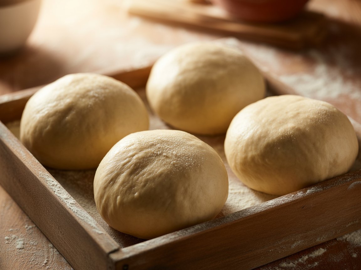 Proofed Neapolitan pizza dough balls dusted with 00 flour after a cold ferment