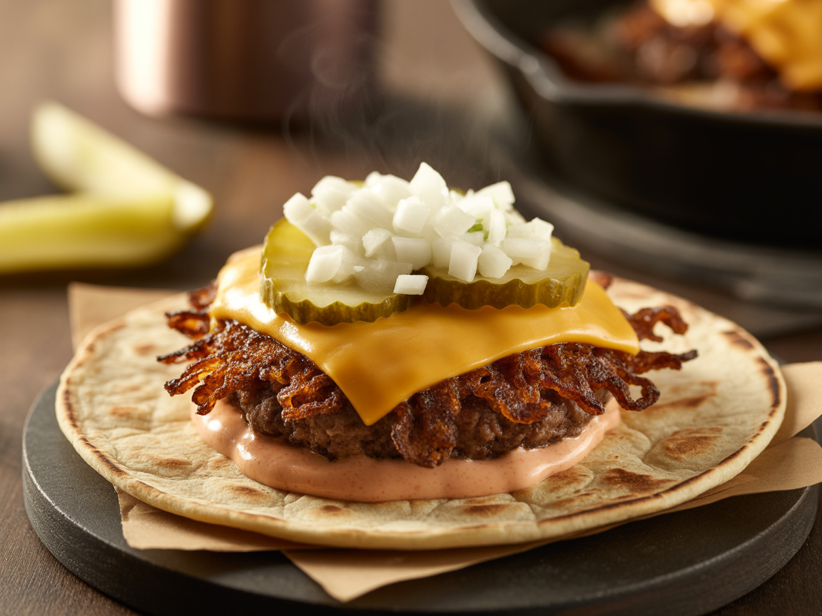 Crispy smash burger on a golden toasted flour tortilla with melted cheese and pickles