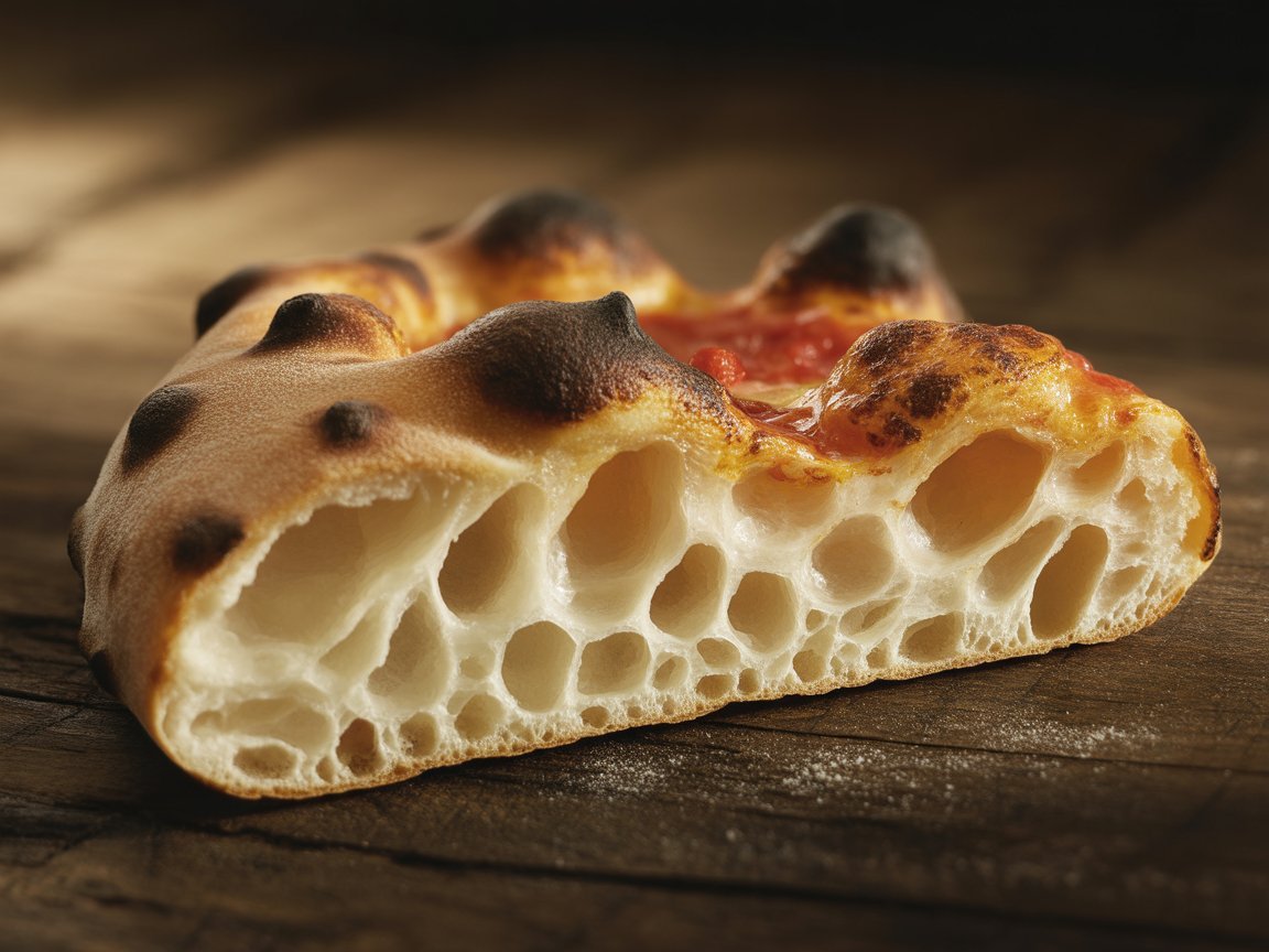 Airy open crumb and leopard-spotted cornicione of a Neapolitan pizza crust