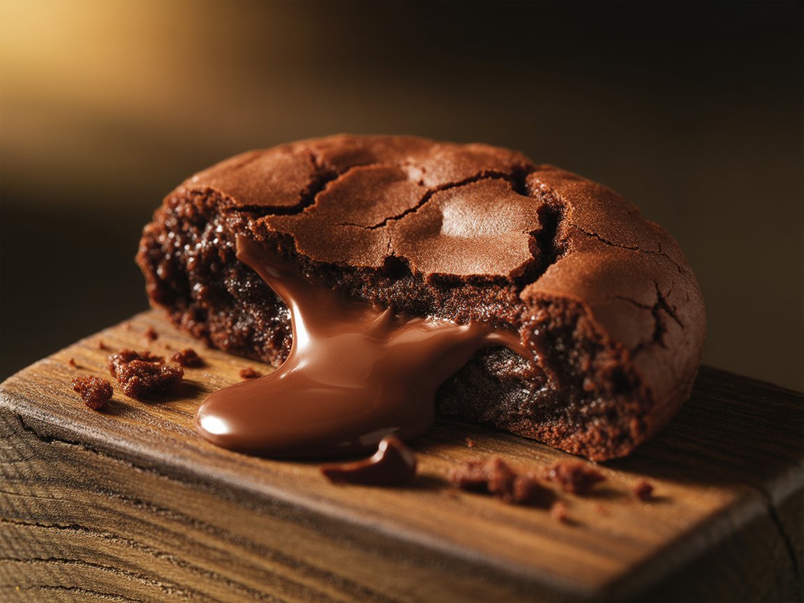 Brownie cookie broken in half showing a soft fudgy interior