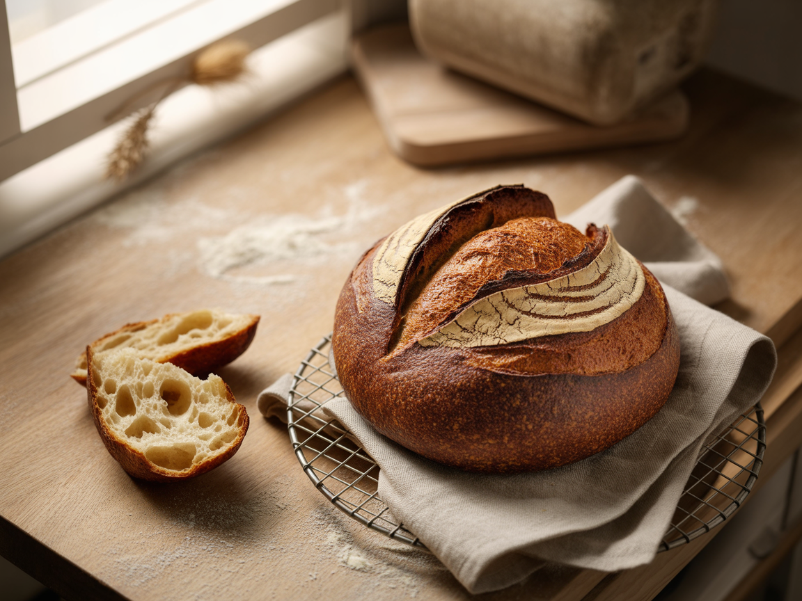 Golden crusty sourdough boule baked without a Dutch oven, cooling on a wire rack