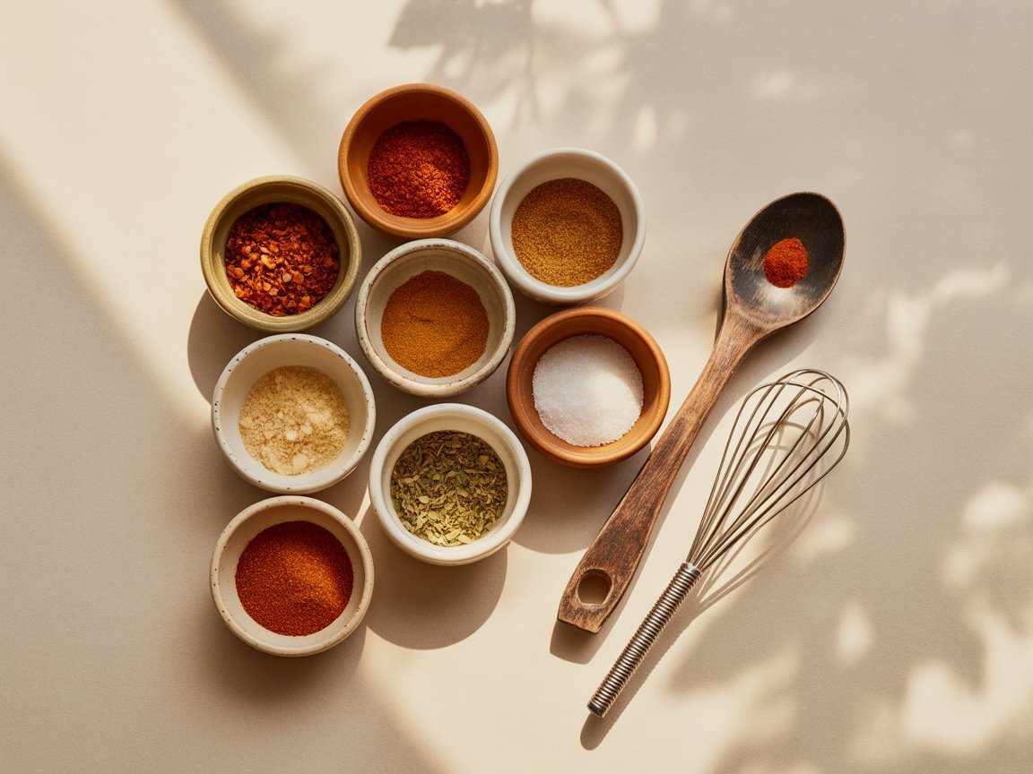 The eight taco seasoning spices in small bowls: chili powder, cumin, smoked paprika, garlic powder, onion powder, oregano, sea salt and cayenne