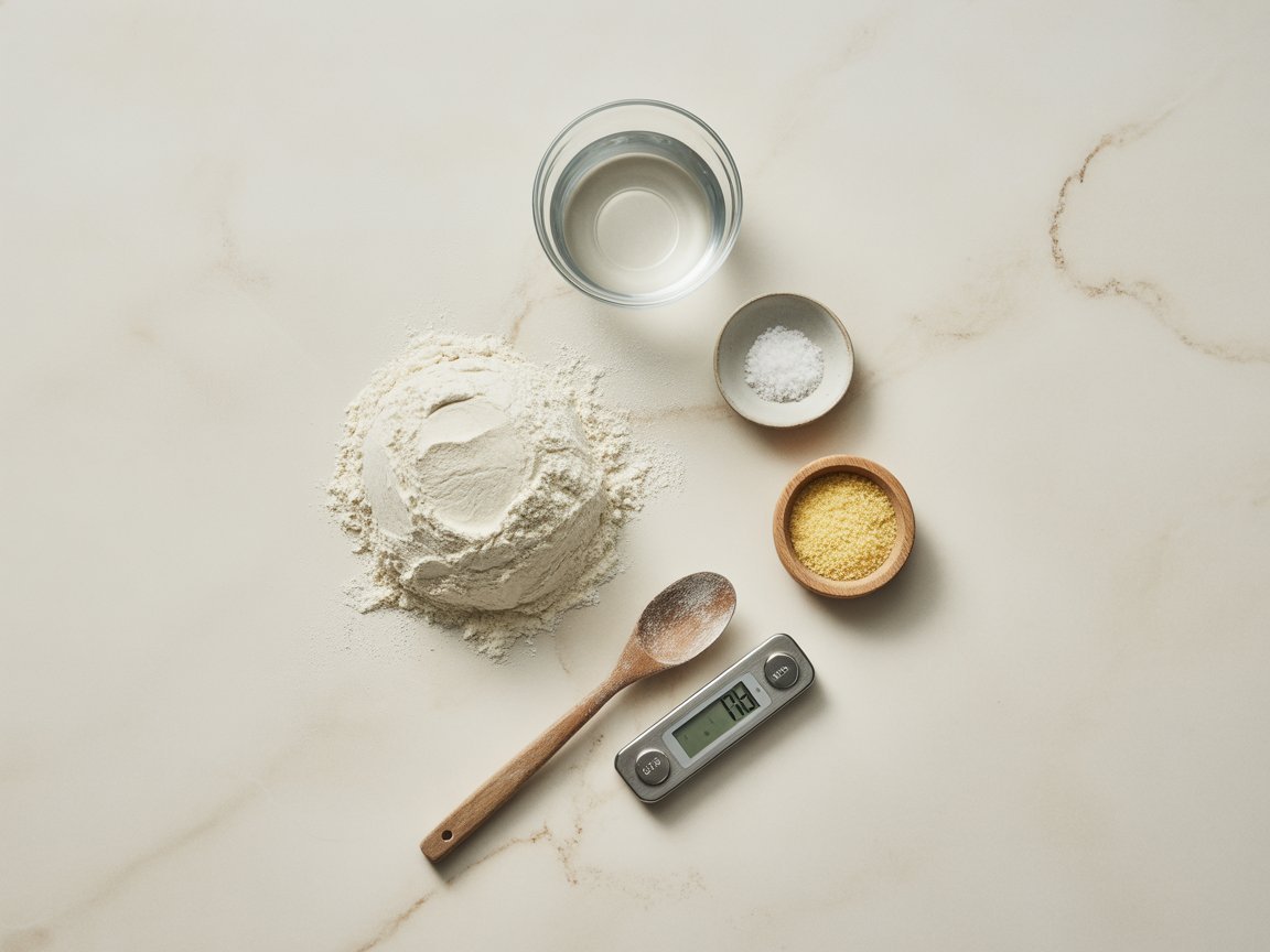 The four ingredients for Neapolitan pizza dough: 00 flour, water, sea salt and instant yeast