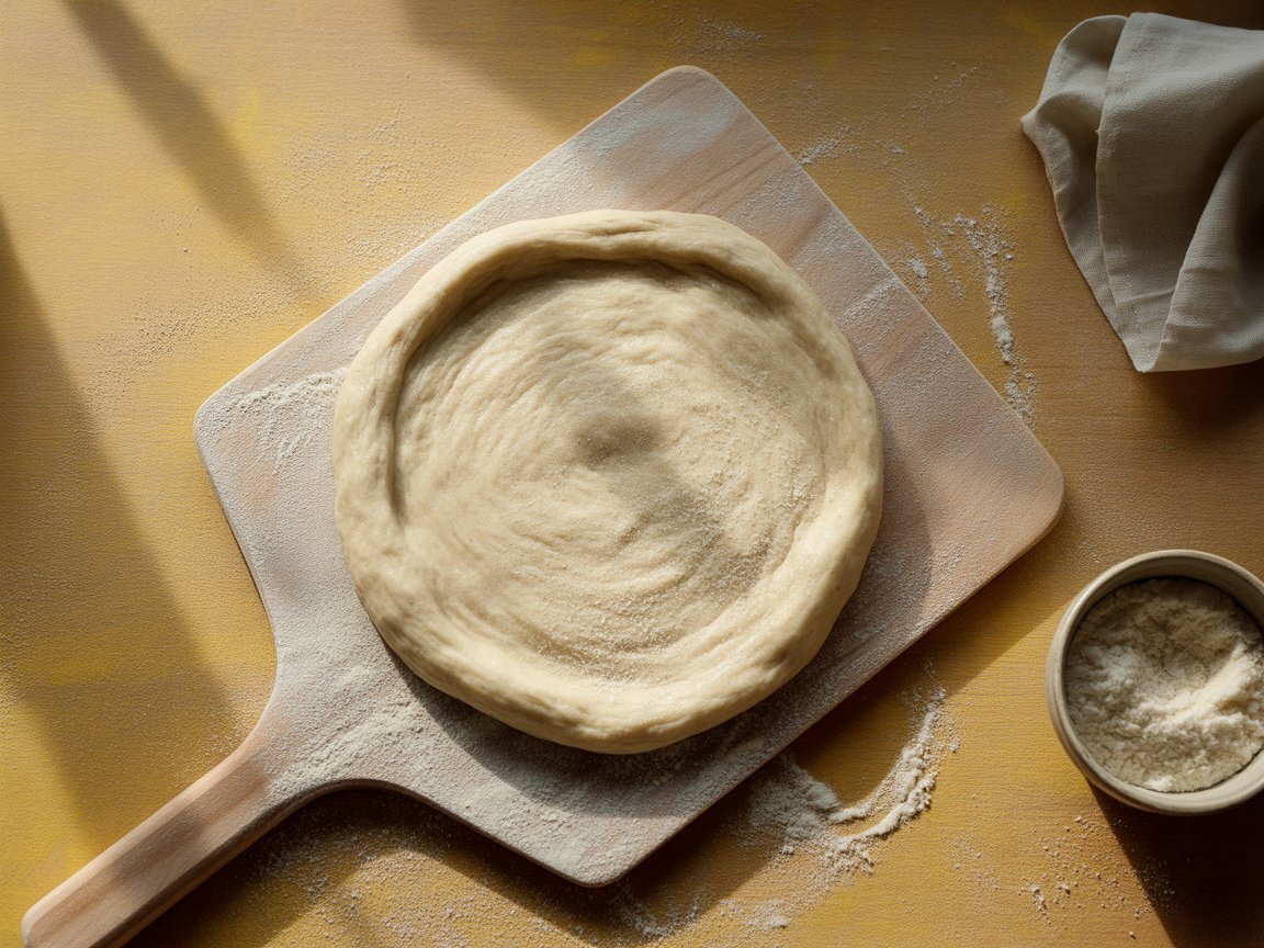 Hand-stretched Neapolitan pizza dough round on a floured wooden peel