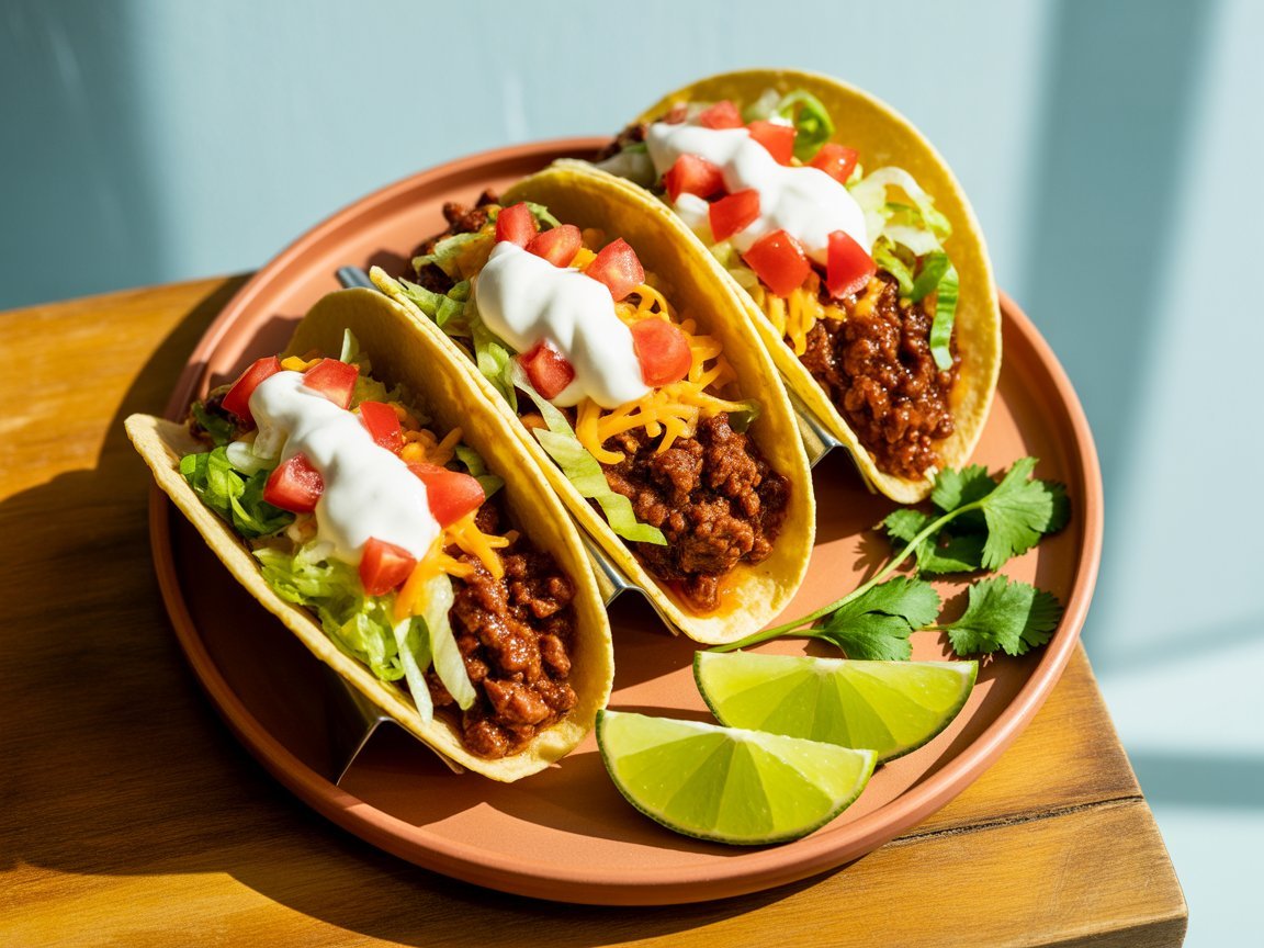 Ground beef tacos made with homemade taco meat seasoning, topped with lettuce, tomato, cheese and sour cream
