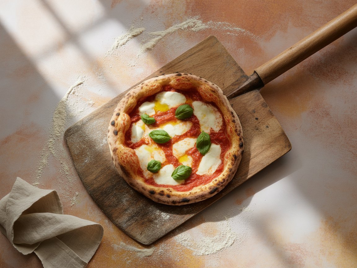 Authentic Neapolitan pizza dough baked into a Margherita pizza with a leopard-spotted cornicione