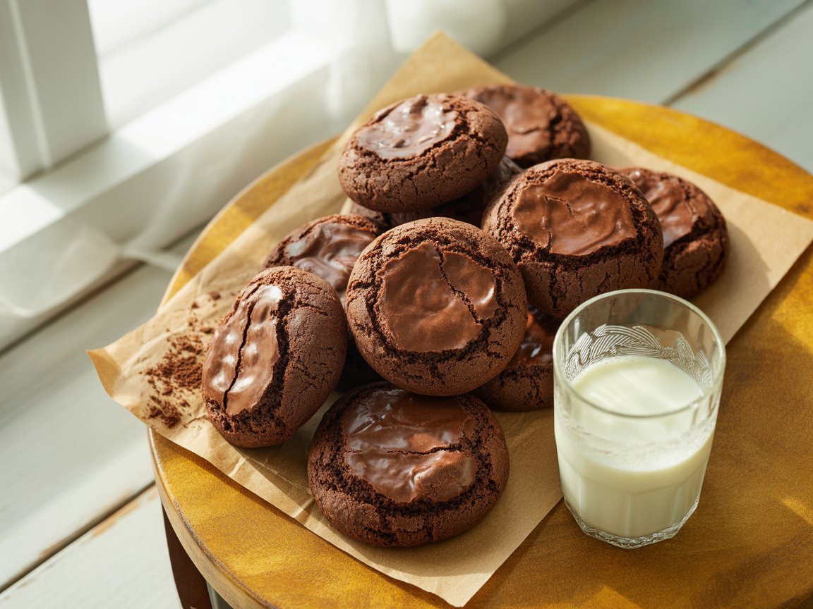 Fudgy brownie mix cookies with crinkle tops on parchment
