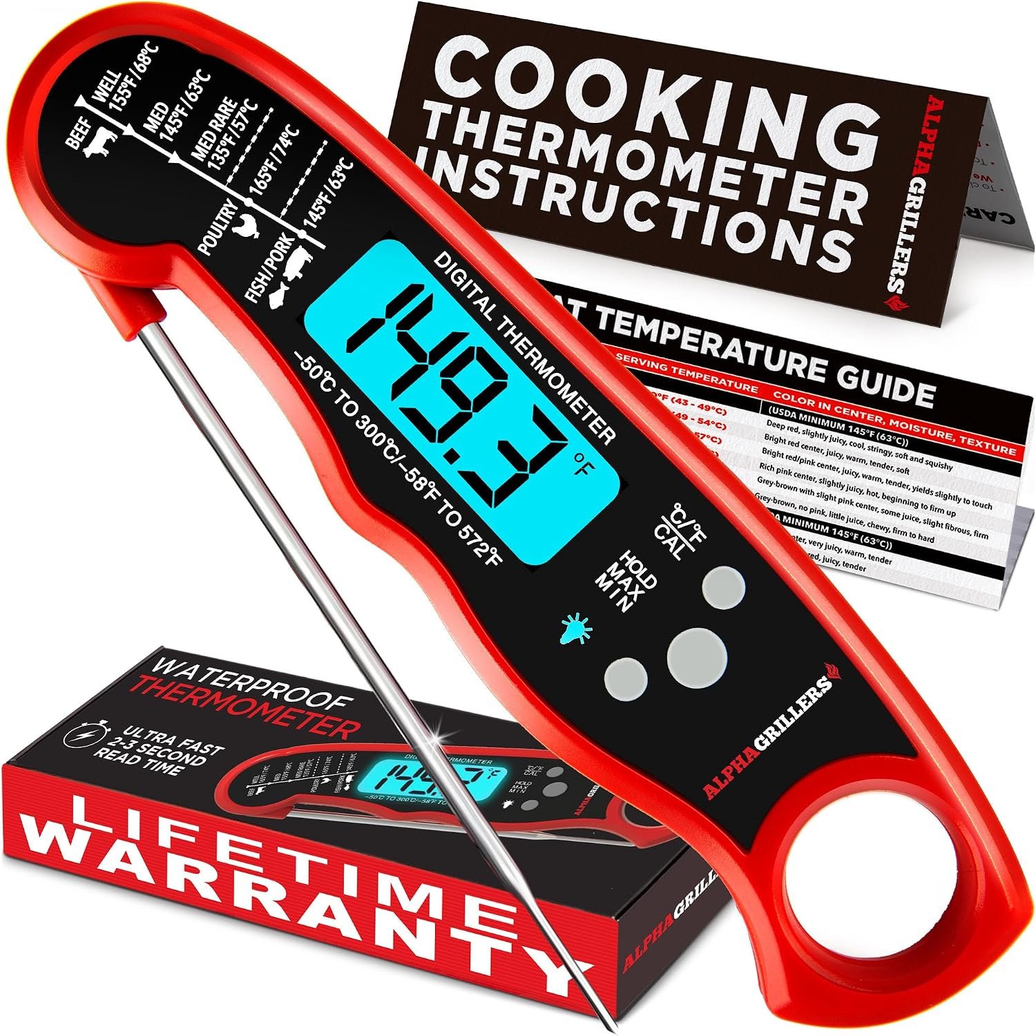 Alpha Grillers instant read digital meat thermometer with a folding probe and backlit display