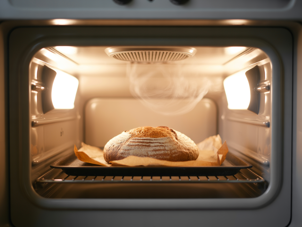 Sourdough bread baking in a home oven with a steam pan instead of a Dutch oven