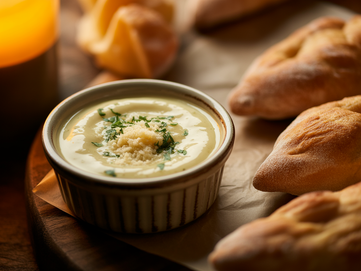 Creamy white garlic dipping sauce for pizza in a small ramekin with pizza crusts