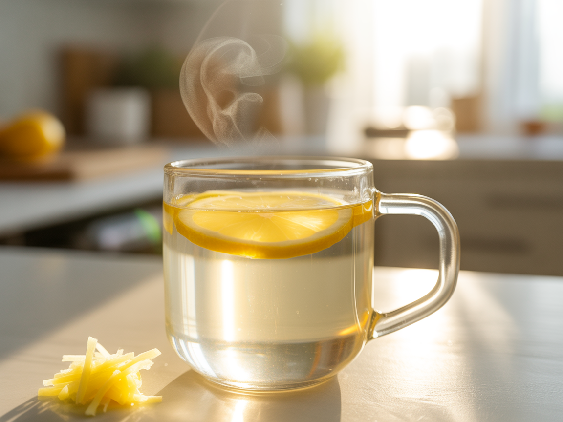 Close-up of a warm glass of lemon ginger water with a lemon slice and grated ginger, steam rising