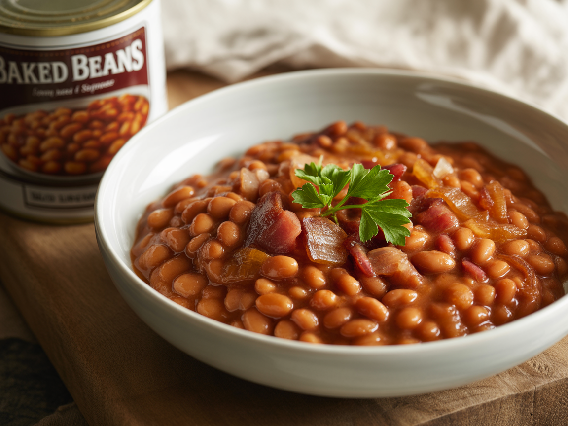Close-up of doctored up bushes baked beans on a spoon, showing the thick syrupy sauce and bacon