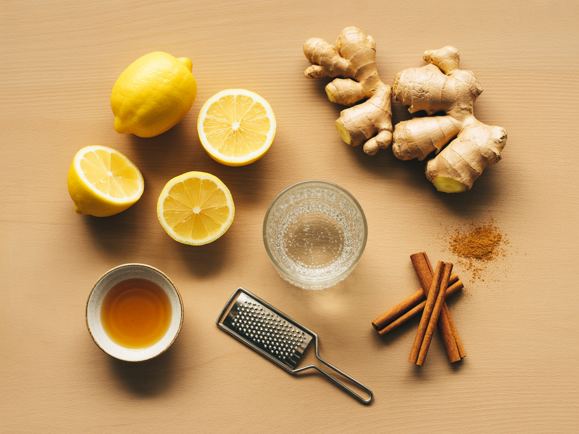 Overhead flat lay of ingredients for lemon ginger detox water — whole lemons, fresh ginger root, honey, cinnamon and a glass