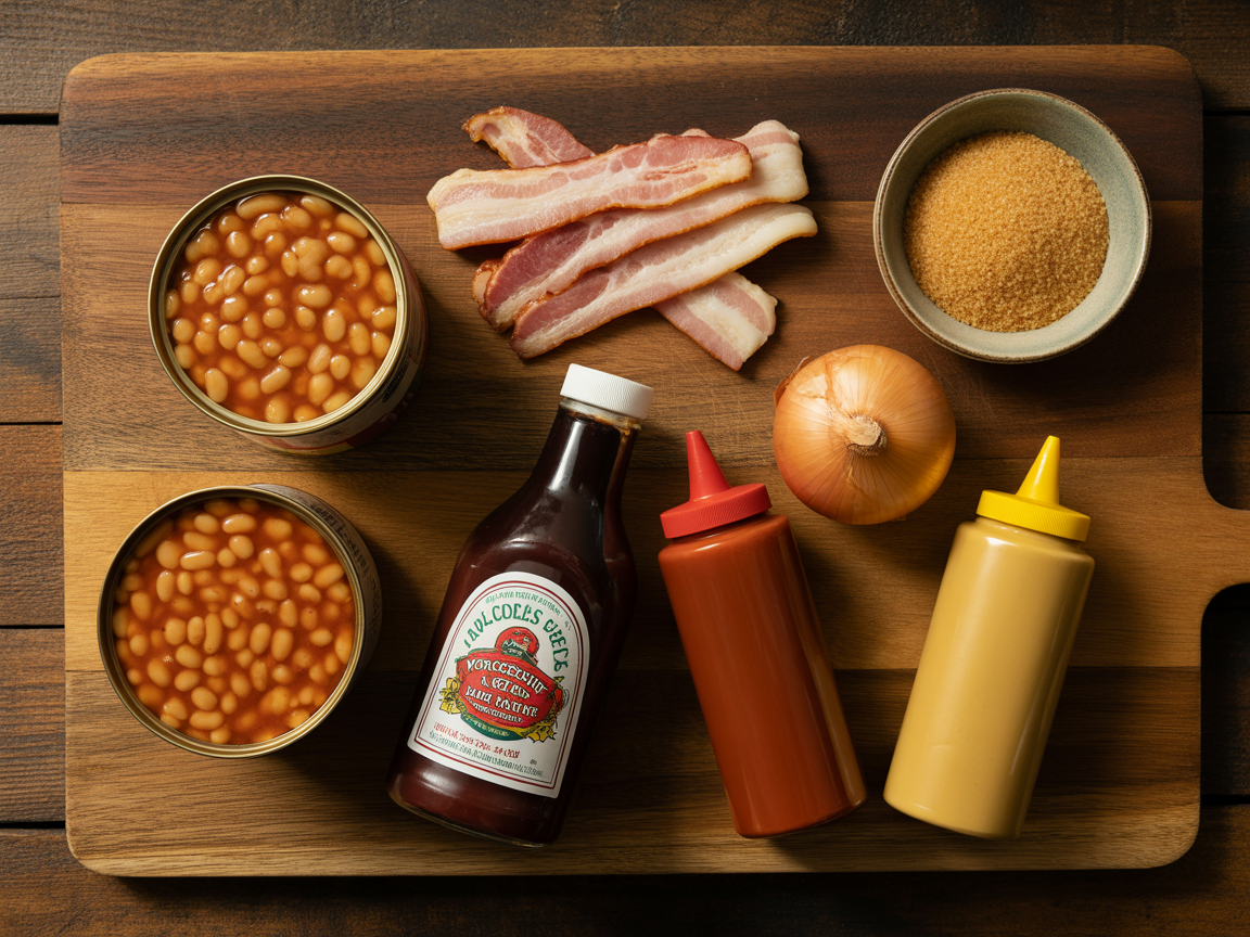 Overhead flat lay of ingredients for doctored up bushes baked beans — canned beans, bacon, brown sugar, onion, ketchup and spices