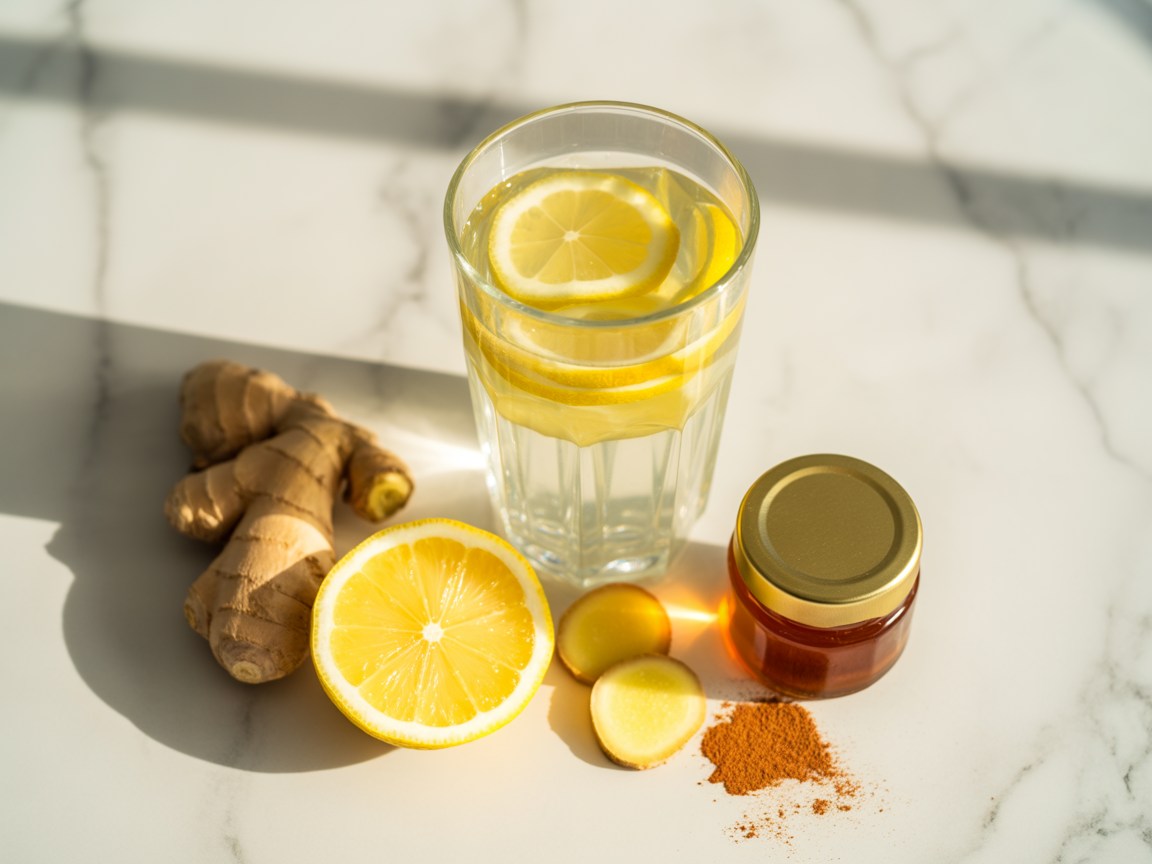 A clear glass of lemon ginger detox water with fresh lemon slices and grated ginger on a bright counter