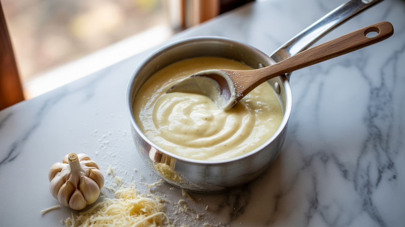Creamy white garlic pizza sauce in a small saucepan with garlic cloves and grated parmesan