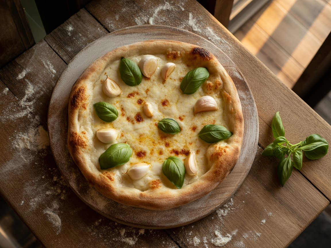 White pizza spread with creamy garlic sauce, mozzarella and fresh basil