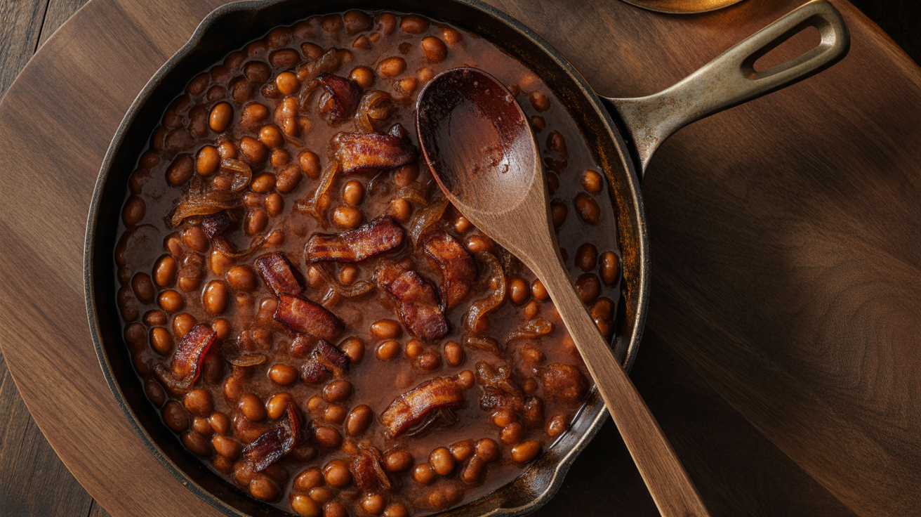 Doctored up Bushes baked beans in a cast-iron skillet, thick and glossy with crispy bacon