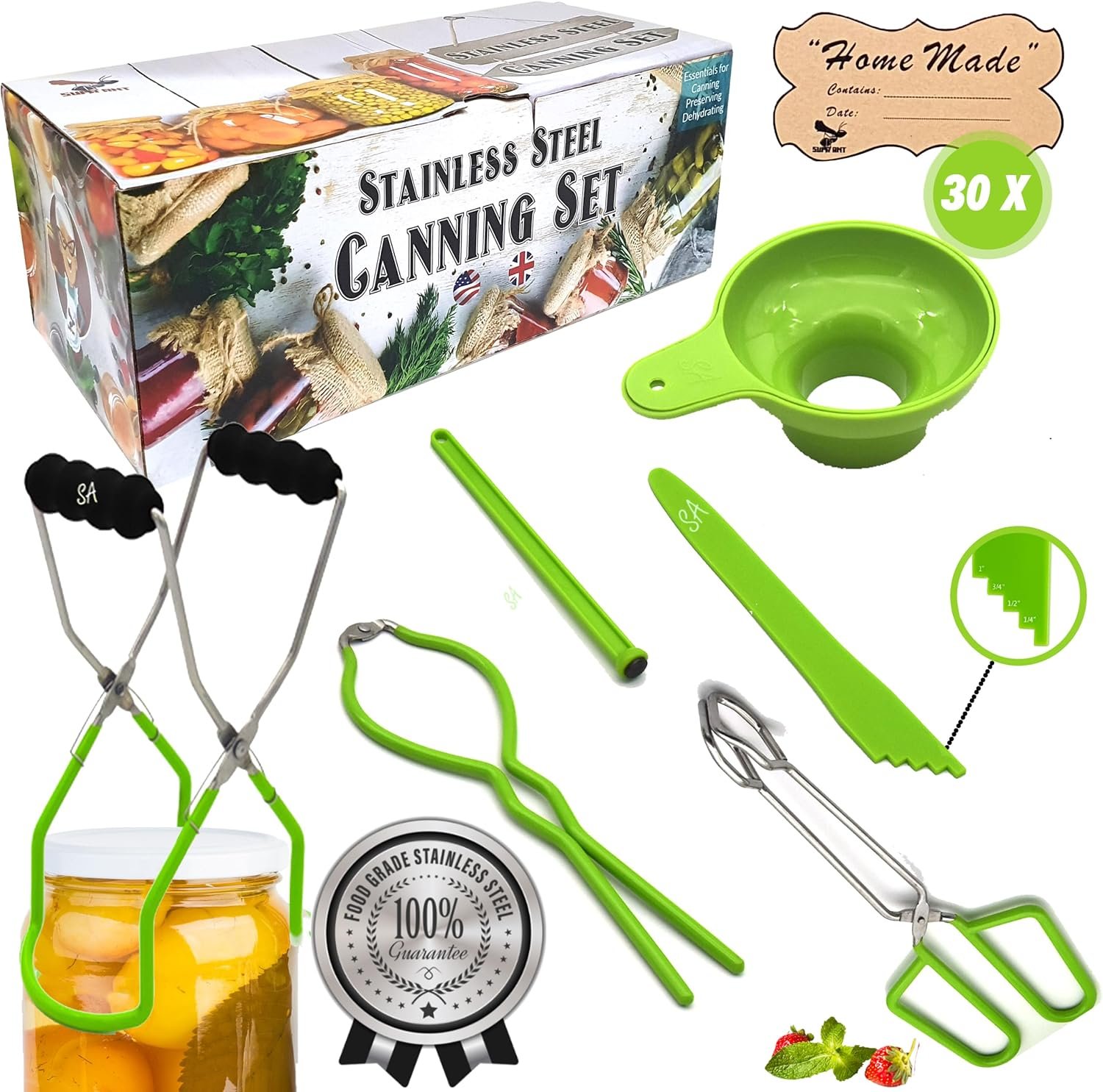 Stainless steel canning tool kit with jar lifter, wide funnel, bubble remover and magnetic lid lifter