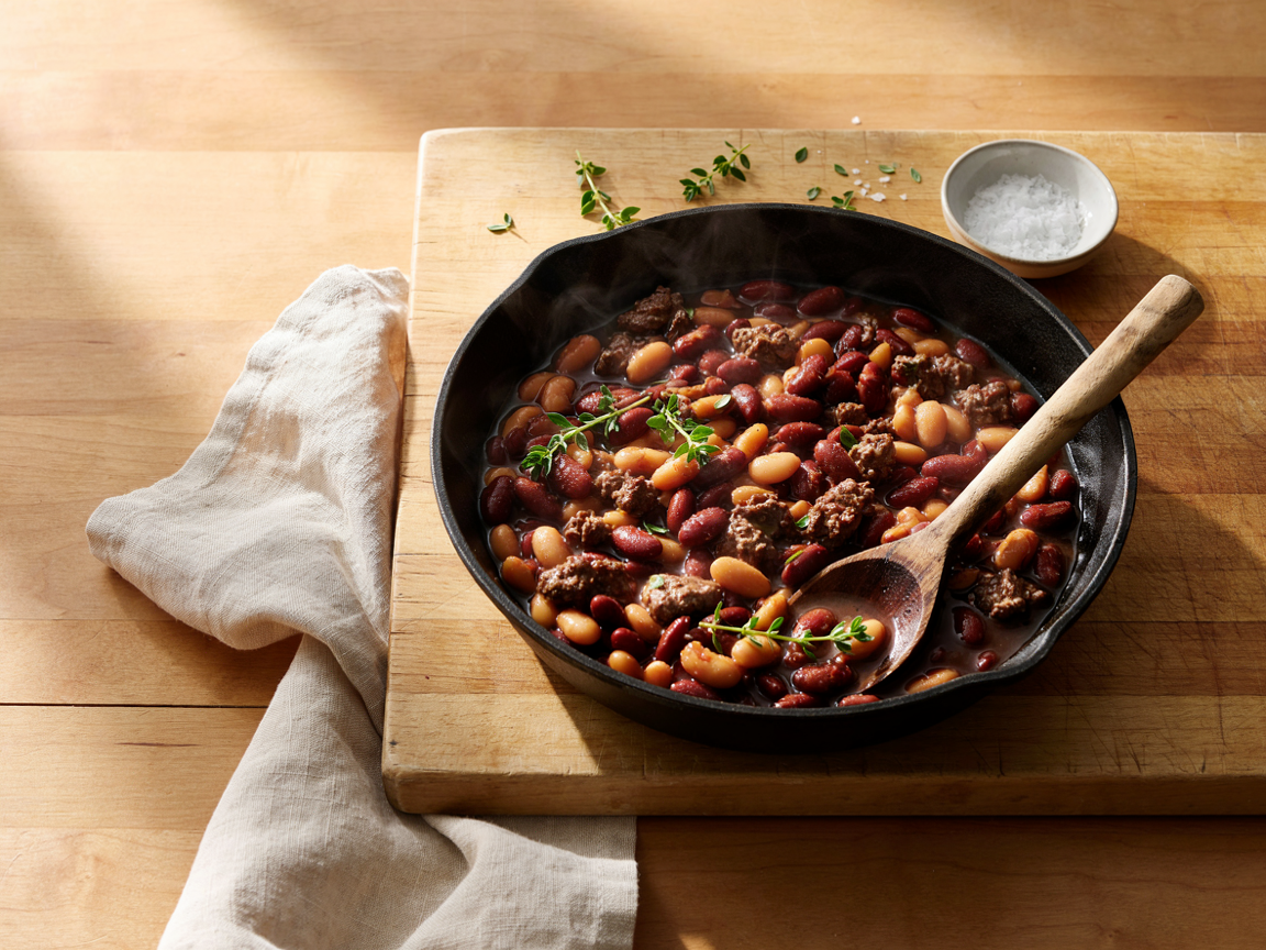 Cowboy baked beans with ground beef and three kinds of beans in a cast iron skillet on a wooden board with fresh thyme