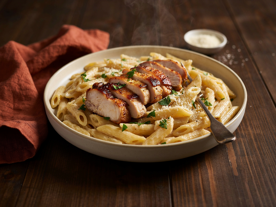 Bowl of penne in creamy garlic parmesan sauce topped with sliced oven-baked chicken thighs and chopped parsley