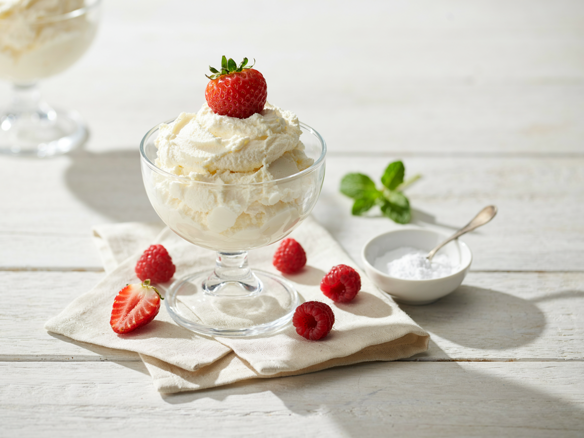 Sugar free cheesecake fluff piled in a glass dessert cup with a strawberry on top and fresh raspberries around it