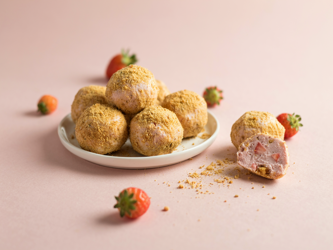 Pink no-bake strawberry cheesecake protein balls rolled in graham crumbs on a white plate