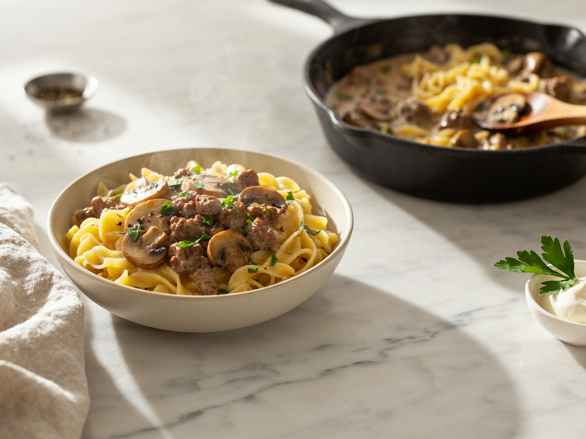 Bowl of ground beef stroganoff with cream of mushroom soup over wide egg noodles, with a cast iron skillet of stroganoff behind