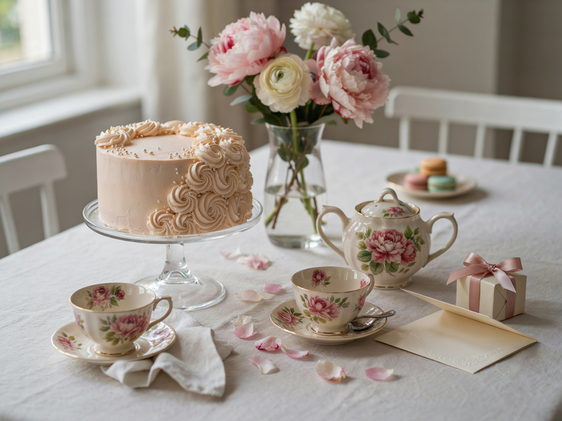 Mother&rsquo;s Day table with a blush buttercream cake on a glass stand, peonies, floral teacups and a wrapped gift