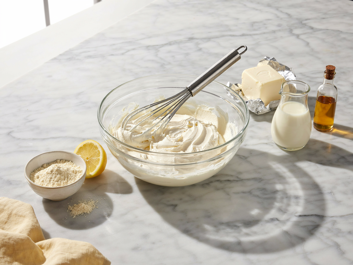 Glass bowl of whipped cream cheese fluff with a whisk, next to cream cheese, heavy cream, powdered sweetener and lemon