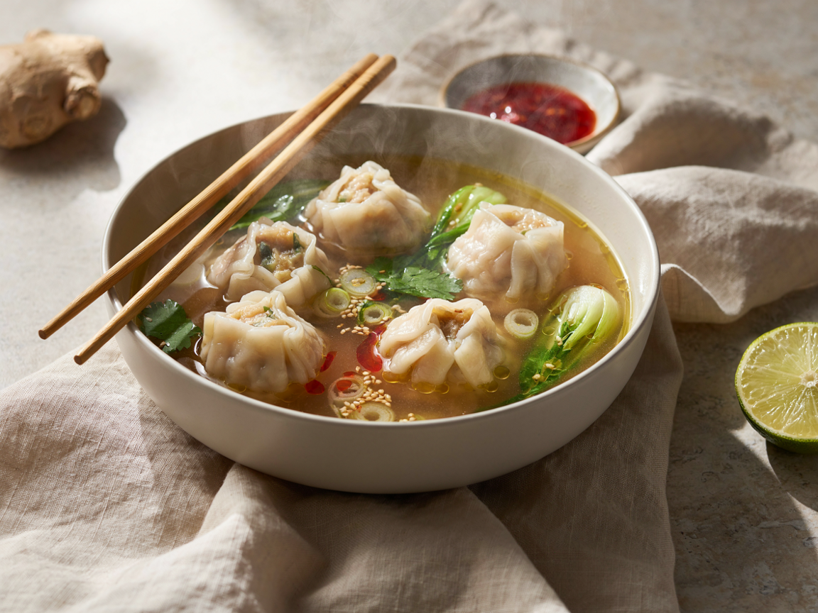 Bowl of dumpling soup with pleated dumplings, bok choy, cilantro and chili in a clear golden broth, chopsticks resting on the rim