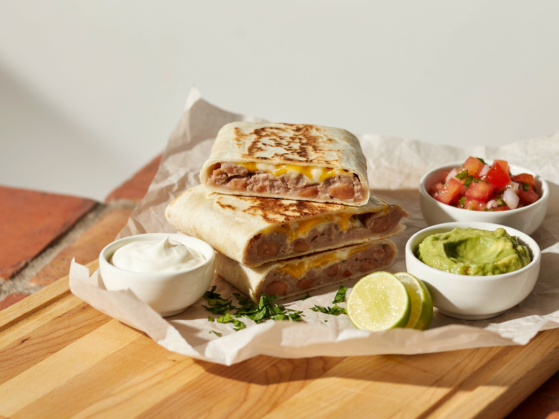 Bean and cheese burrito cut in half showing refried beans and melted cheese, with salsa, sour cream and guacamole