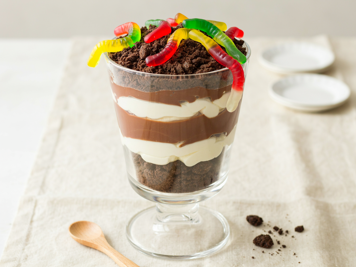 Large glass trifle bowl of Oreo dirt cake topped with cookie crumbs and colourful gummy worms
